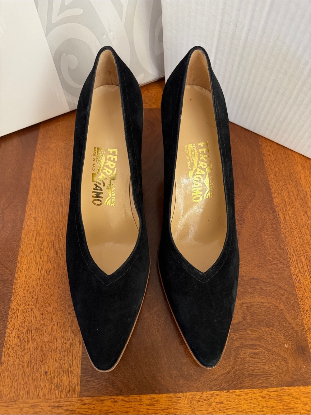 Salvatore Ferragamo Black Suede Pointed Pumps with Brown Sole Trim - Picture 2 of 8